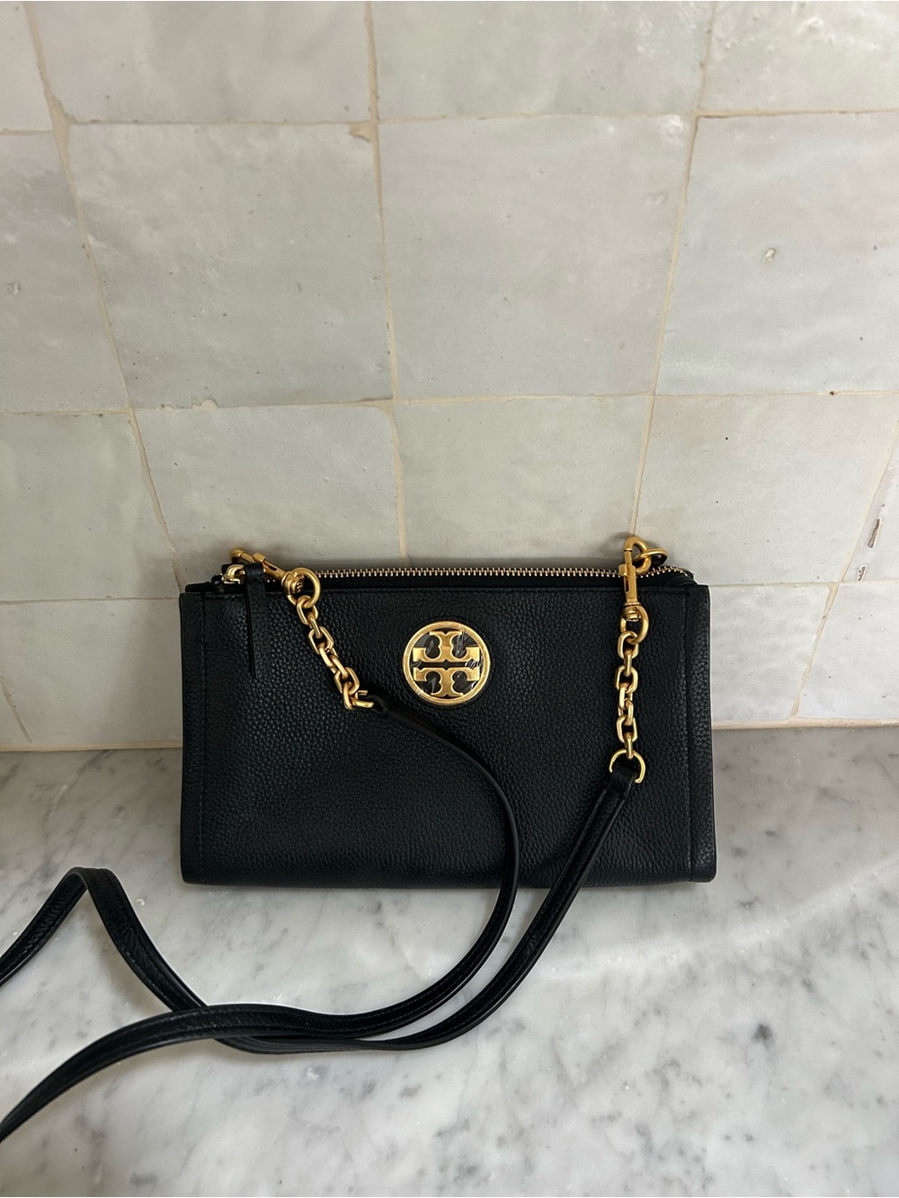 Tory Burch Black Pebbled Leather Crossbody with Gold Logo Chain